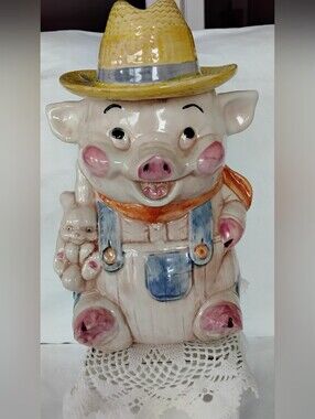 Vtg Ceramic Farmer Pig Cookie Jar with Yellow Straw Hat By Treasure Craft USA